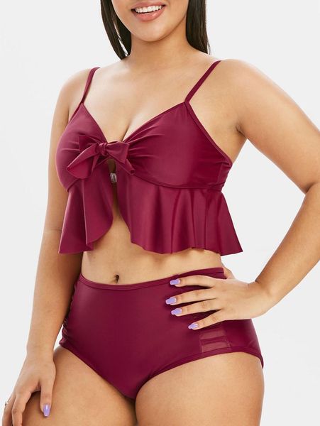 

one-piece suits plus size tied peplum mesh panel high rise tankini swimwear