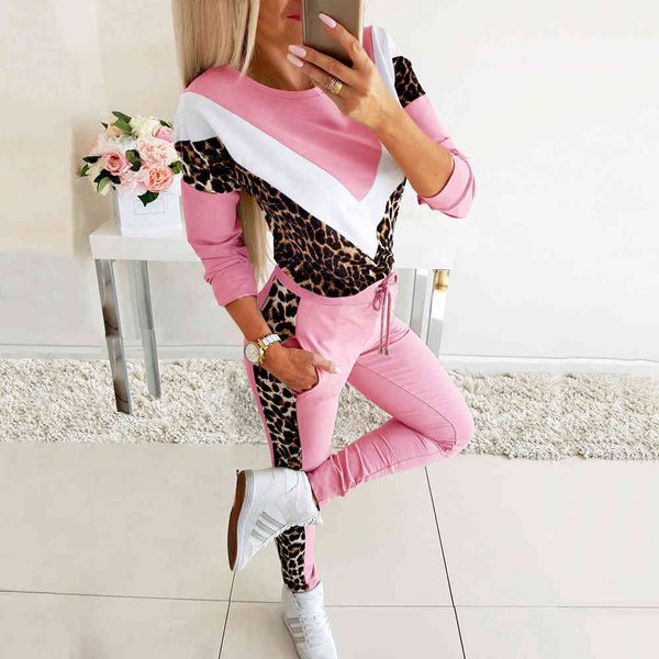 Mulheres Casual Dois Peça Set Outono Leopardo Imprimir Splice O-pescoço de Manga Longa Senhoras Tracksuit Streetwear Outfits Inverno Rosa Preto 210507