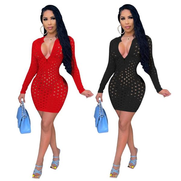 

casual dresses 2021 autumn hollow out long sleeve party dress red black, Black;gray