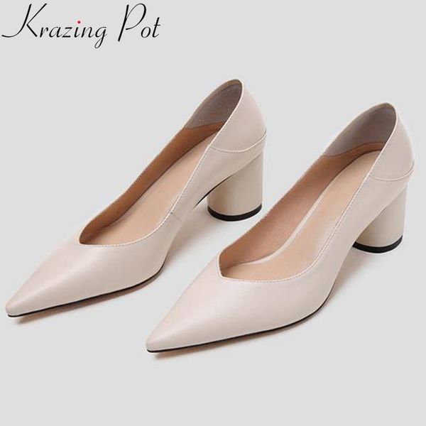 

dress shoes krazing pot office lady full grain leather round toe high heels nightclub women pumps pointed wedding l10, Black