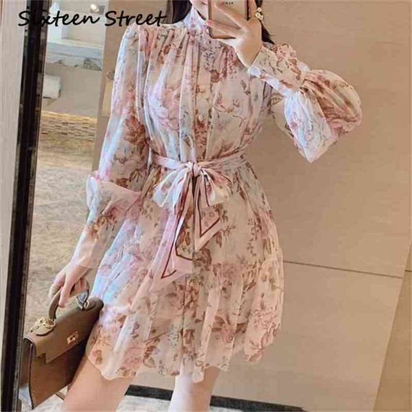 

floral printed belt dress for woman vintage spring autumn stand neck vestidos high waist designer mini female clothing 210603, Black;gray