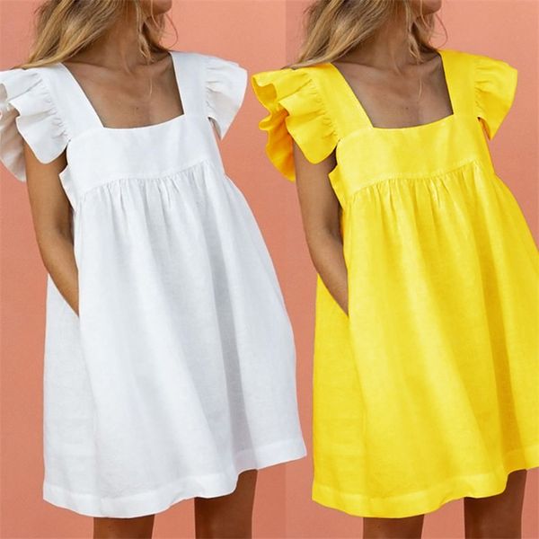

women summer ruffled basic mini dress casual loose square neck ruffle pocket butterfly sleeve beach party short dress vestidos 210331, Black;gray