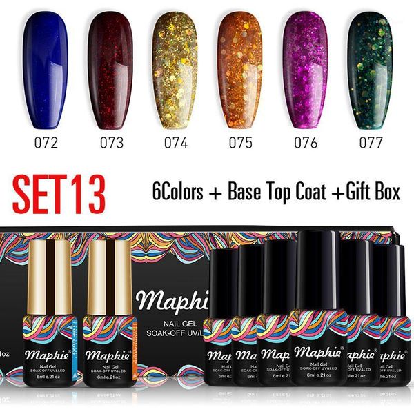

maphie 6pcs/lot nail gel set glitter shiny color soak off semi permanent led long lasting art base coat kits1, Red;pink