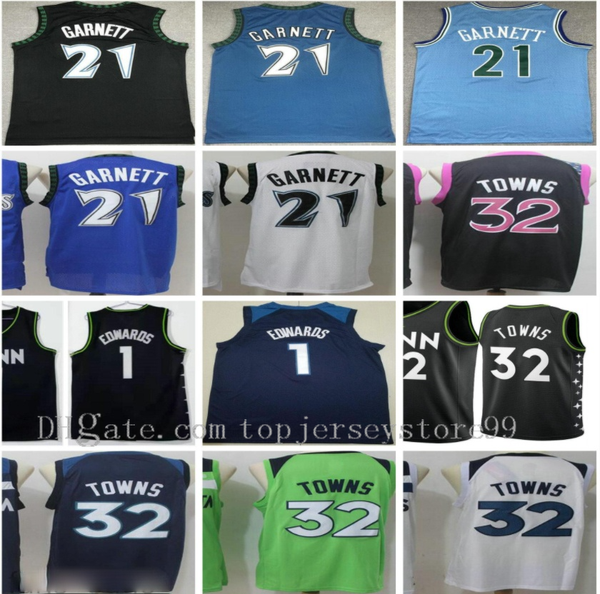 

mens basketball jerseys retro vintage classic kevin 21 garnett jersey black white blue new city karl-anthony 32 towns anthony 1 edwards 100%, Black;red