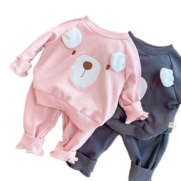 Primavera Cartoon Bear Print Baby Boys Girls Vestiti Set Bambino Felpa Set Bambini Cotone Pantaloni Sport Pantaloni Suit Bambino Bambini Bambini Vestiti Set 210413