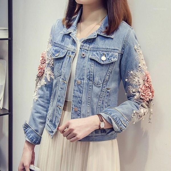

women's jackets 2021 spring women embroidery flowers pearl bead short denim coat beading woman blue long sleeve jean jacket, Black;brown