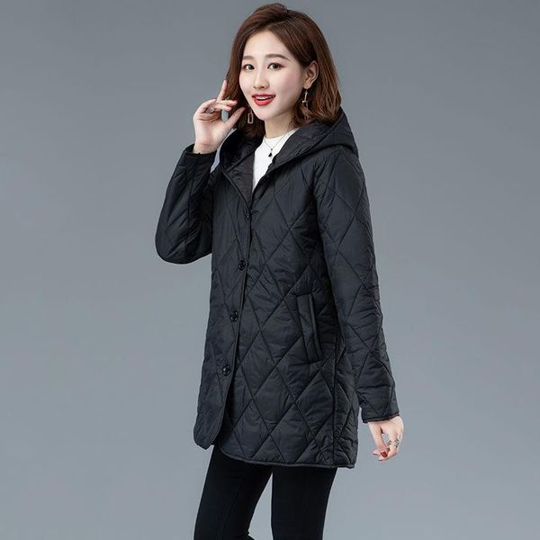 

women's warm cotton jacket autumn and winter 2021 literature diamond lattice light down hooded long sleeve & parkas, Black