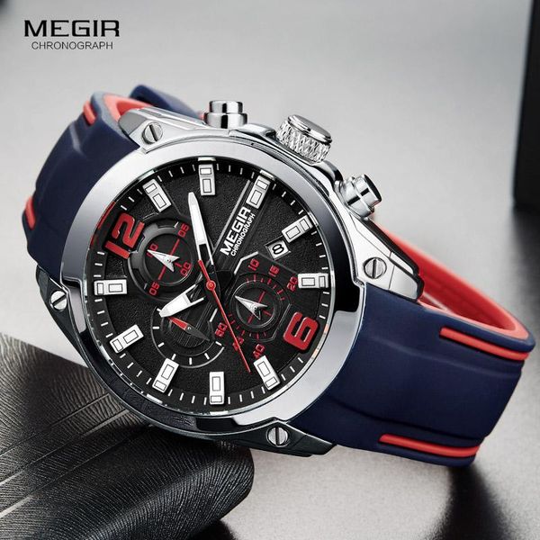 

megir men's chronograph analog quartz watch with date, luminous hands, waterproof silicone rubber strap wristswatch for man wristwatche, Slivery;brown