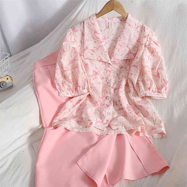 

sweet 2 piece set women outfits puff sleeve shirt + bodycon long skirts sets vintage floral print blouse skirt two suits 210514, White
