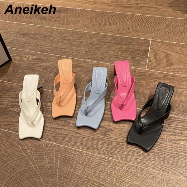 

aneikeh 2021 summer women shoes fashion shallow thong thin heels pu sandalias de las mujeres concise flip flops neutral solid slippers, Black