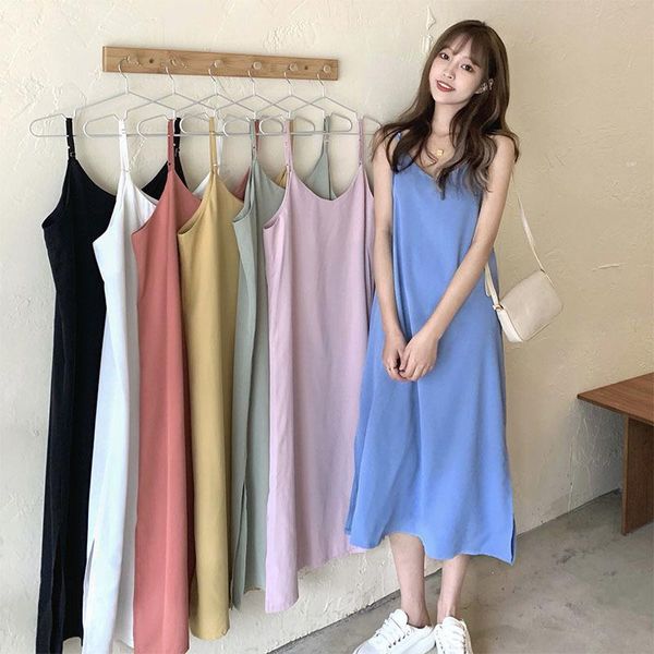 

casual dresses 2021 summer women's dress sling strap solid spaghetti long fashion v-neck ladies girls backless, Black;gray