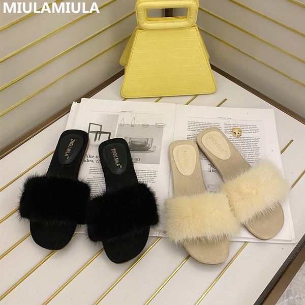 

2021 fashion flat slides soft real fur slippers brand designer socofy slip on loafers mules flip flops outside, Black