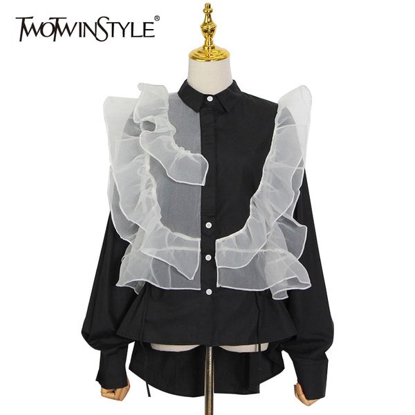 

elegant hit color shirt for women lapel long sleeve patchwork mesh straight blouses female spring fashion 210524, White