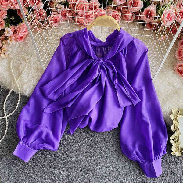 

sweaters white/yellow/purple satin blouse women elegant bow collar lantern long sleeve loose shirt female slim spring autumn, White;black