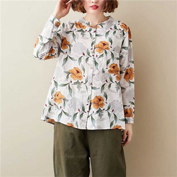

women's blouses & shirts autumn arts style women long sleeve loose casual print big size cotton linen vintage femme m639 o34v, White
