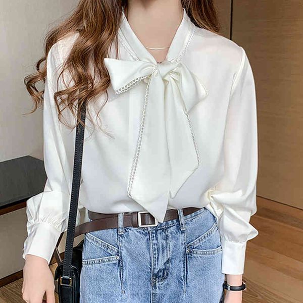 

women's blouses & shirts white blouse women stand bow casual autumn button long sleeve chiffon shirt woman clothes womens blusas femme