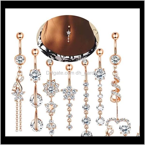 

bell 7/10pcs/set 14g dangle belly button rings for women girls 316l surgical steel curved navel barbell body piercing je, Silver