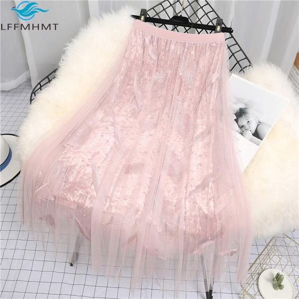 

women spring and autumn fashion brand high waist solid color beaded net yarn skirt female casual loose embroidery pleated skirts, Black