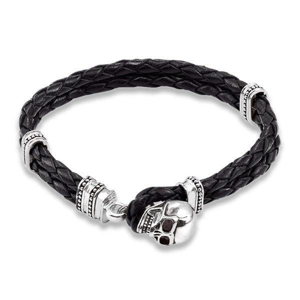 

cuff vintage black leather skull bracelets for men boy,2021 punk rebel soldier fashion jewelry gift heart bijoux length 22cm, White
