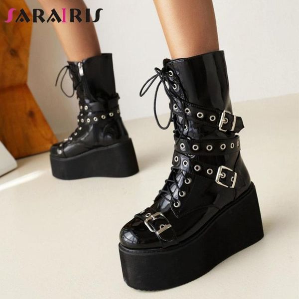 

boots sarairis ins women cool punk lace up buckle round toe cosplay wedges platform gothic women's quality shoes, Black