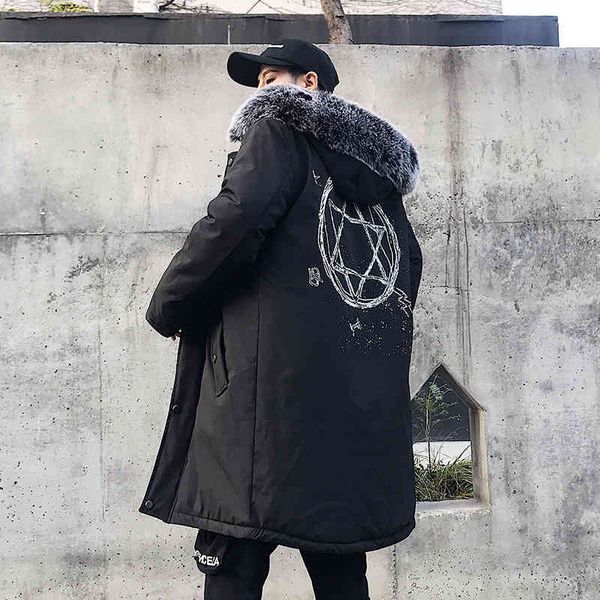 

men's down & parkas print hip hop fur collar long coat men winter cotton russian streetwear hoodies windbreaker outerwear 7pst, Black