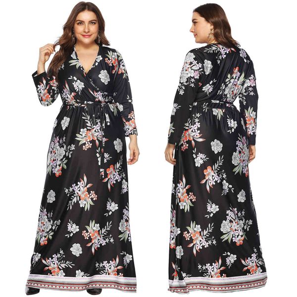 

women's plus size large print deep v bandage long sleeve floor length 1038