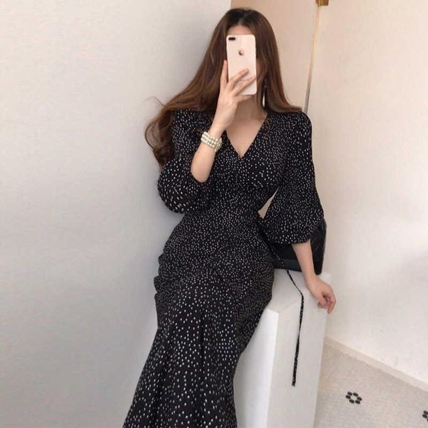 

casual dresses elegant spring summer commuter black v-neck women's dress korean clothing vintage one piece bandage, Black;gray