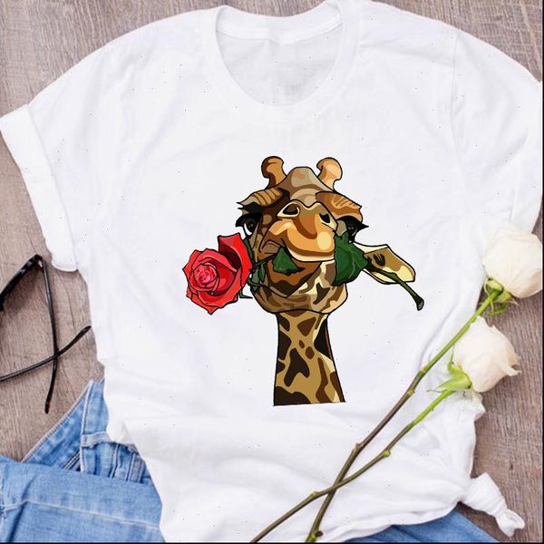 

graphic giraffe flower love animal womens t shirts cartoon clothes floral tees print clothing female shirt, White