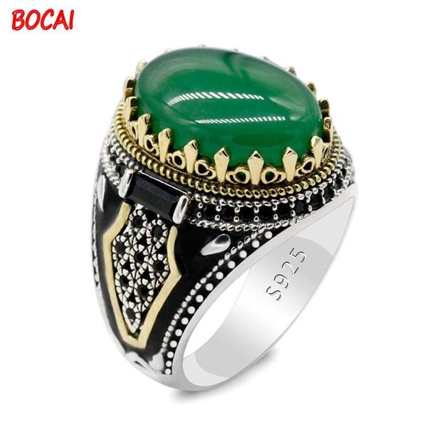 

cluster rings european and american 925 silver green agate men's ring golden men, Golden;silver