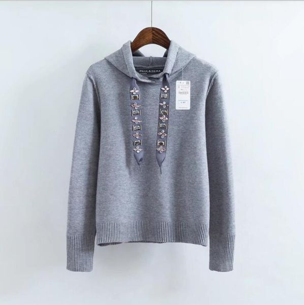 

women's sweaters autumn hooded jacket jewelry belt decorated with knit loose sweater, White;black