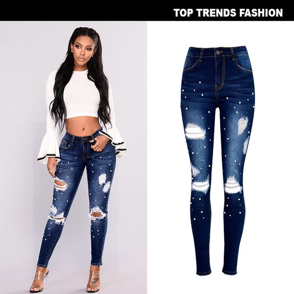 

women's high waist slim fit elastic two-color pearl studded irregular worn holes washed cat beard denim pants, Blue