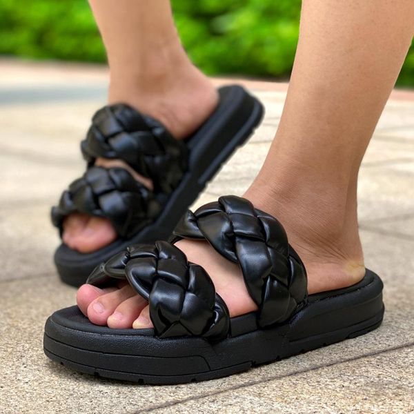 

summer 2021 women leather weave slippers platform wedges thick sole black beach outdoor slides casual sandals ladies shoes