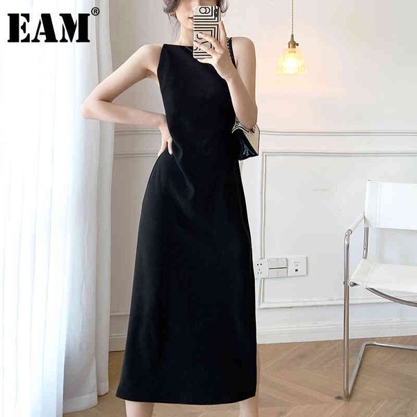 

[eam] women black long temperament chiffon dress round neck sleeveless loose fit fashion spring summer 1dd8613 21512, Black;gray