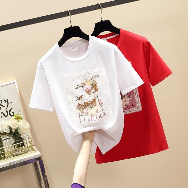 

large size 2021 summer cotton white black tshirts short sleeve casual t-shirt women o-neck loose applique tee shirt femme women's