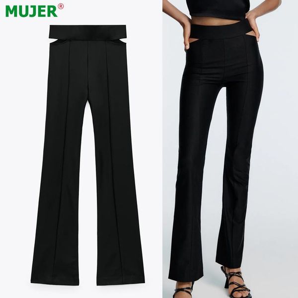 

women's pants & capris za 2021 black cut out women high waist autumn woman trousers fashion streetwear leggings y2k straight leg, Black;white