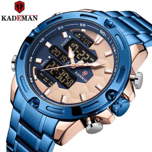 

sport watch men dual display wristwatch mens fashion full stainless steel brand quartz led blue gold male clocks wristwatches, Slivery;brown