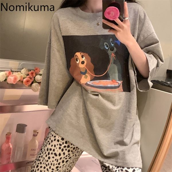 

nomikuma cartoon printed t shirt women graphic tees o neck short sleeve loose tshirts summer casual all-match ladies 210514, White