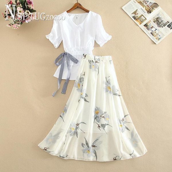 

women's tracksuits white blouse+flower printed skirt blue women sets summer sweet female, Gray