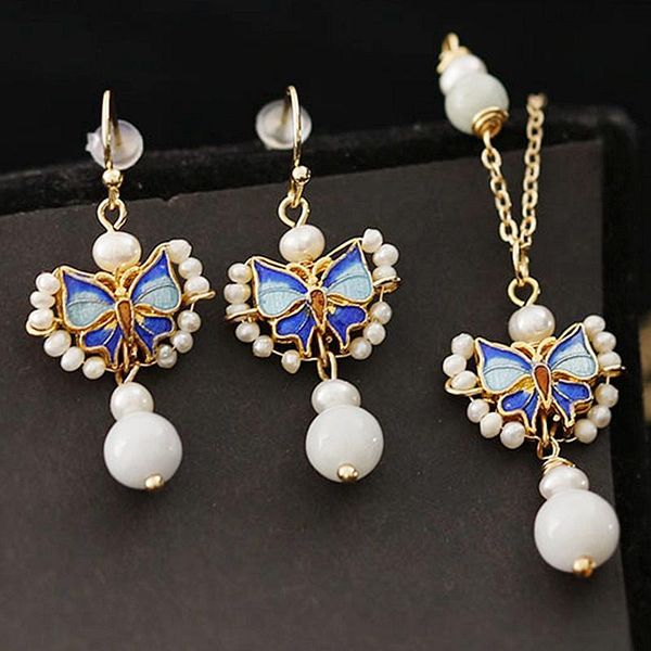 

pearl jewelry sets cute butterfly necklace earrings baroque for women party wedding handmade gift bracelet, &, Black