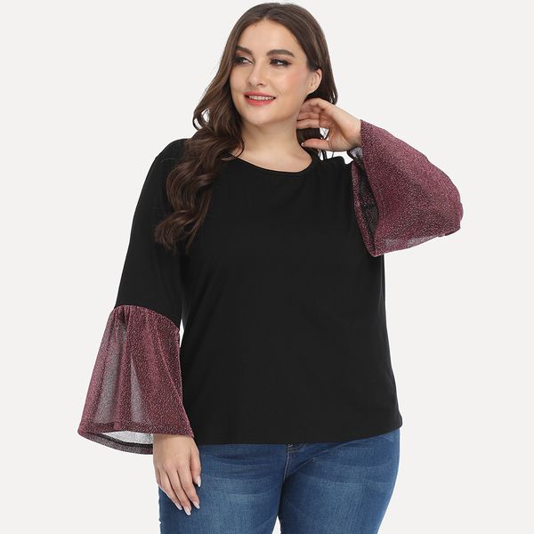 

women's plus size hy363603# splicing hollow out long sleeve t-shirt loose large top