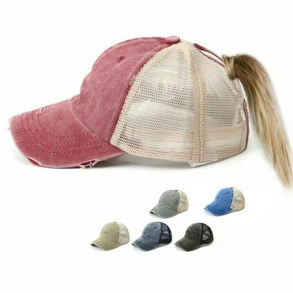 

visors summer distressed baseball cap messy bun hat women mesh trucker caps washed cotton adjustable hip hop hats, Blue;gray