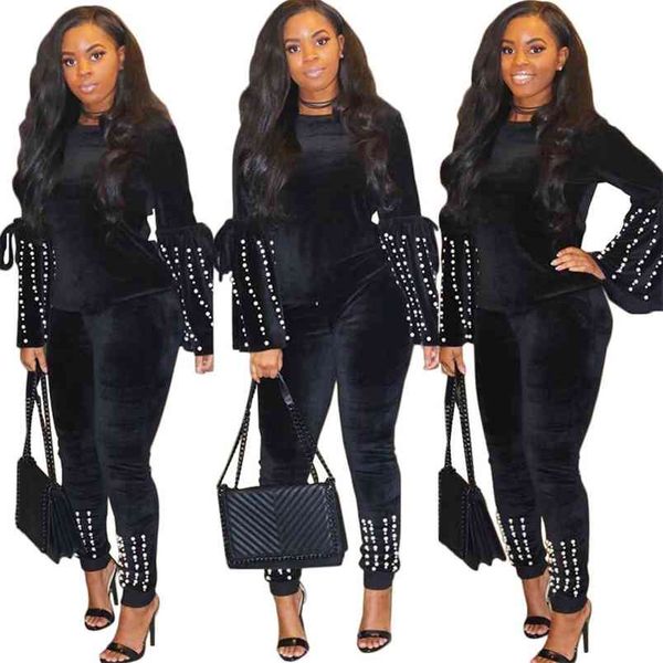 

omsj arrrivals autumn winter black velvet long sleeve and elastic waist trousers set women two piece pearls suits 210517, White