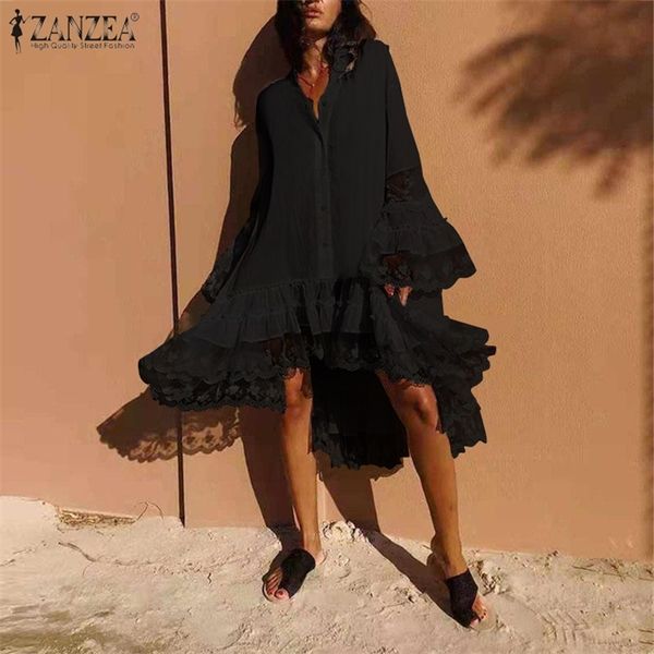 

zanzea womens dress mid-claf vestido de mujer2021 summer lace patchwork sundress casual flare sleeve female white shirt robe, Black;gray