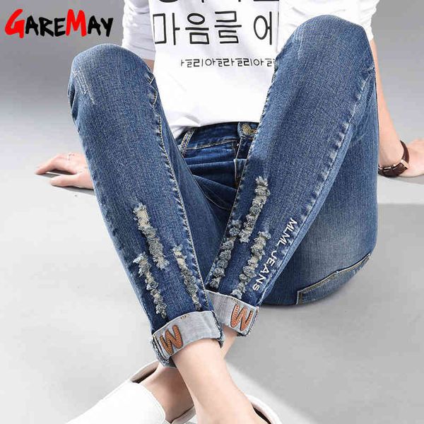 

women skinny high waist jeans for pencil denim pants female casual hole ripped elastic 210428, Blue