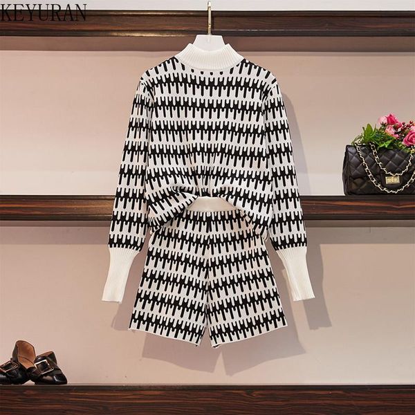 

women's tracksuits tracksuit women pattern jacquard knitting suits 2021 fall half turtleneck long sleeve sweater and shorts 2 piece set, Gray