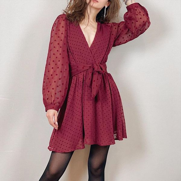 

chic red lace womens dress v neck chiffon spring fshion sashes party dresses female elegant dot print, Black;gray