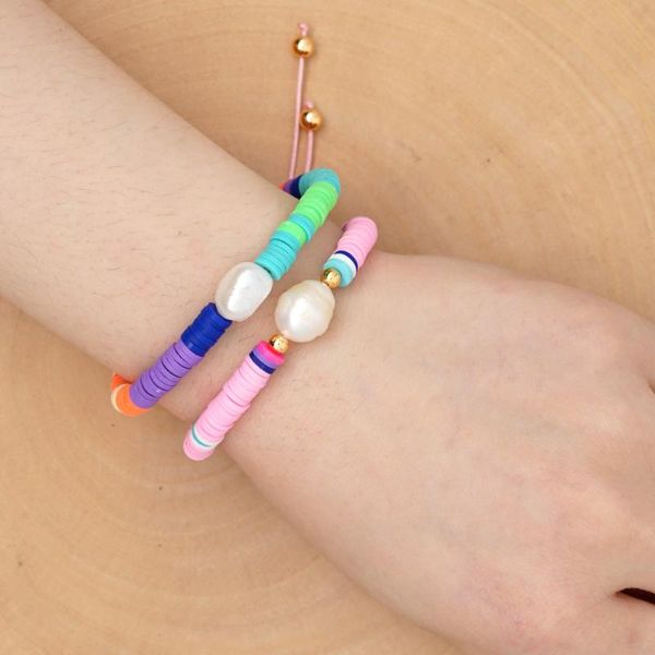 

beaded, strands boho colorful polymer clay pearl bracelet for women adjustable elastic soft pottery female fashion summer beach jewelry, Black