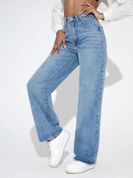 

high waist slant pocket straight leg jeans 58dt#, Blue