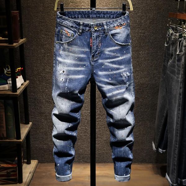

men's jeans ly street style fashion men retro blue elastic slim ripped embroidery designer hip hop splash pencil pants