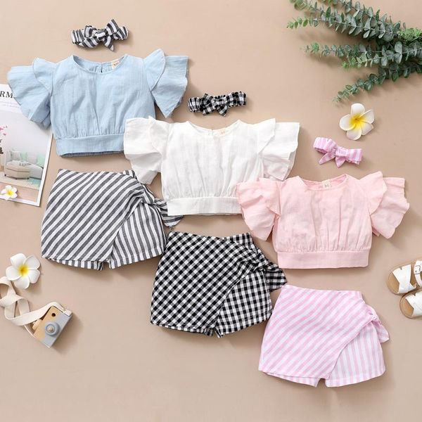 

toddler baby girls ruffles solid +striped printed shorts headbands outfits girl clothes ropa niÃ±a meisjes kleding clothing sets, White